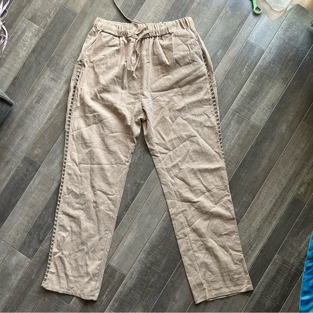 Cotton Drawstring Pants Pockets Beachy Summer Boho Side Crochet Chambray Tan L